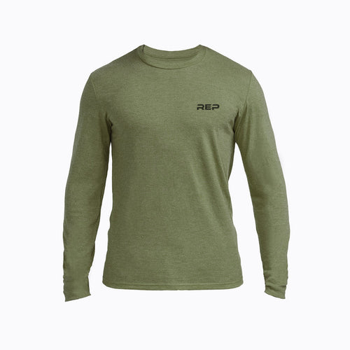 The REP Fitness Men's REP® Long-Sleeve Tri-Blend Crew T-Shirt in Heather Olive/Black front