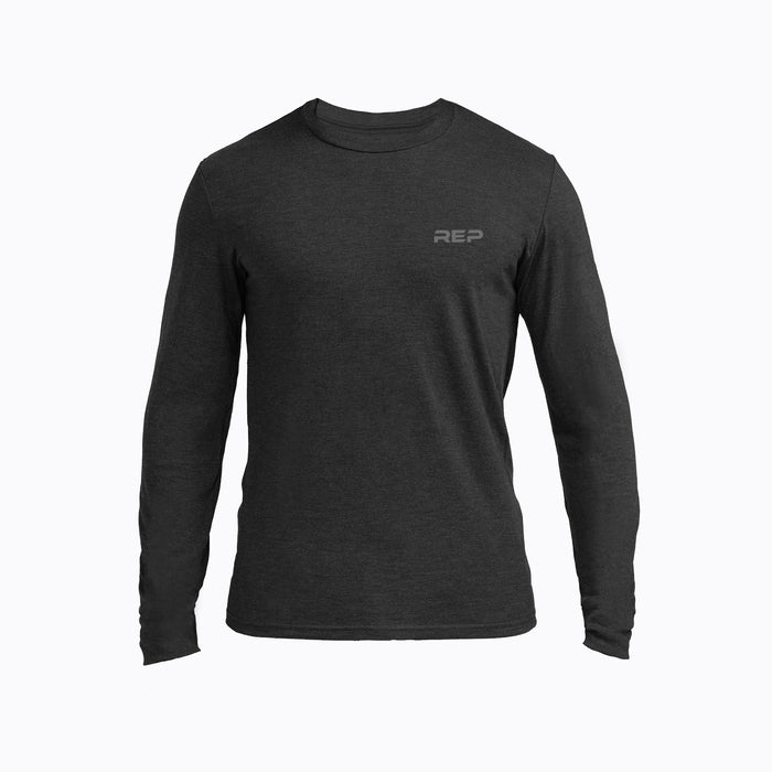 The REP Fitness Men's REP® Long-Sleeve Tri-Blend Crew T-Shirt in Heather Black/Cool Gray front