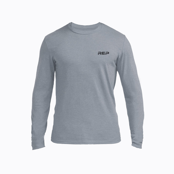 The REP Fitness Men's REP® Long-Sleeve Tri-Blend Crew T-Shirt in Heather Flint/Black front