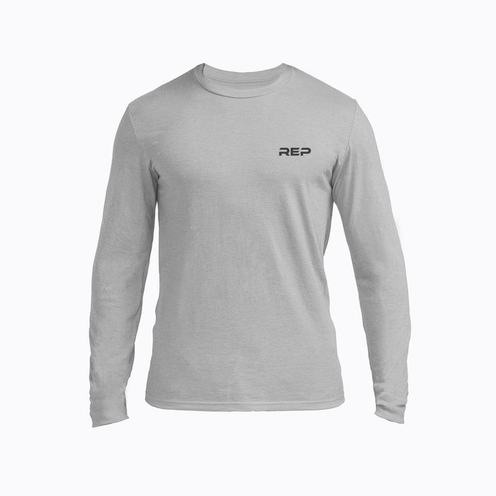 The REP Fitness Men's REP® Long-Sleeve Tri-Blend Crew T-Shirt in Heather Gray/Black front