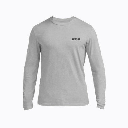 The REP Fitness Men's REP® Long-Sleeve Tri-Blend Crew T-Shirt in Heather Gray/Black front