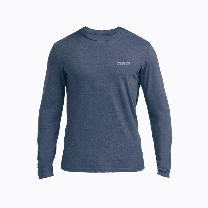 The REP Fitness Men's REP® Long-Sleeve Tri-Blend Crew T-Shirt in Heather Navy/Cool Gray front