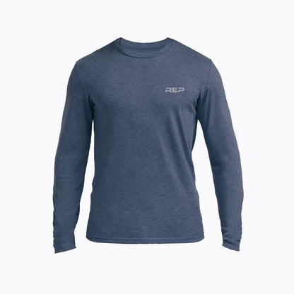 The REP Fitness Men's REP® Long-Sleeve Tri-Blend Crew T-Shirt in Heather Navy/Cool Gray front