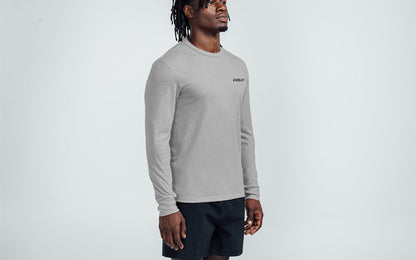 The REP Fitness Men's REP® Long-Sleeve Tri-Blend Crew T-Shirt in Heather Gray/Black on body