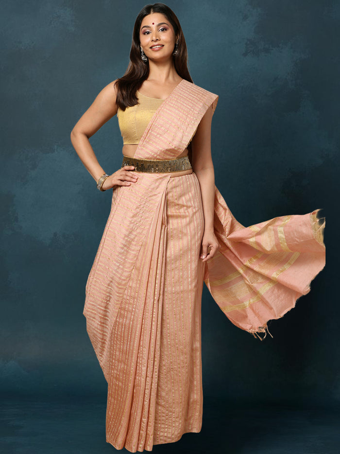 Indiehaat | Kota Silk Hand Dyed Plain Saree Peach