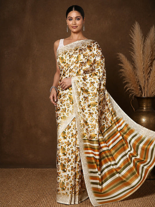 White Kashmiri Silk printed saree with an all-over olive and mustard leaf print and a wide striped end-panel of olive-green, mustard-yellow, brown and white, with a narrow textured border.