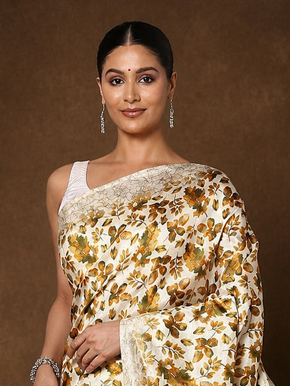 Indiehaat | Kashmiri Silk Printed Saree White & Mustard Y