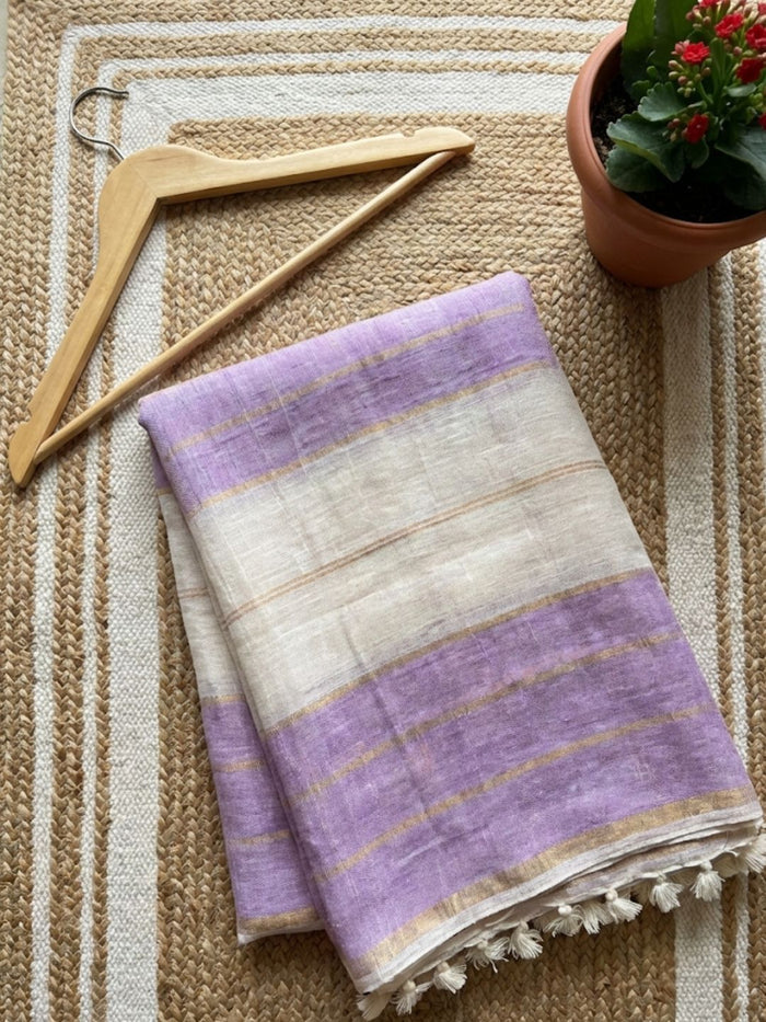 Indiehaat | Purple & White Pure Linen Jamdani Saree