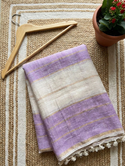 Indiehaat | Purple & White Pure Linen Jamdani Saree
