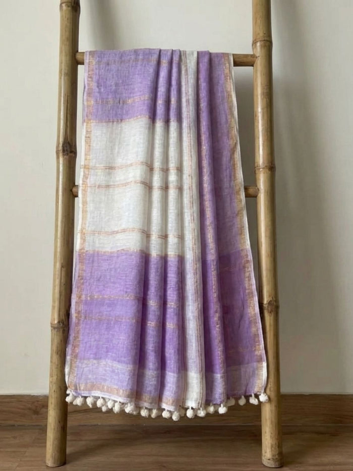 Indiehaat | Purple & White Pure Linen Jamdani Saree