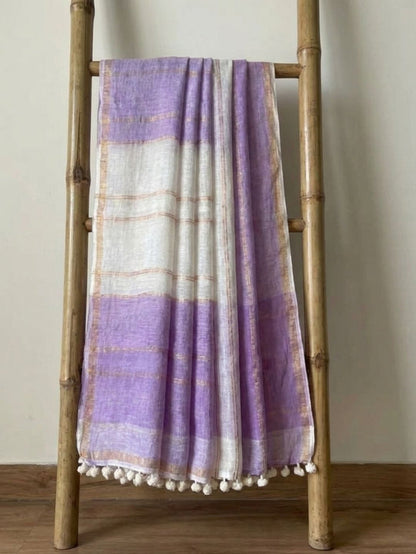 Indiehaat | Purple & White Pure Linen Jamdani Saree