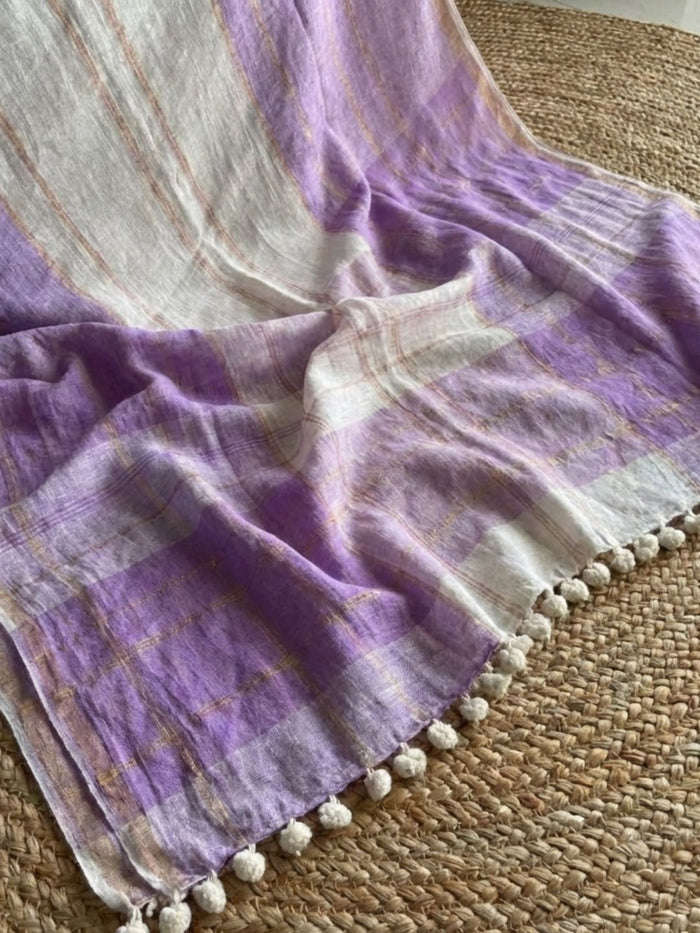Indiehaat | Purple & White Pure Linen Jamdani Saree
