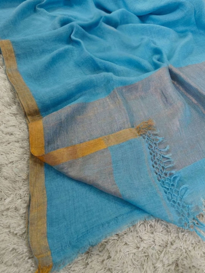Indiehaat | Pure Linen Handloom Zari Border Saree Blue