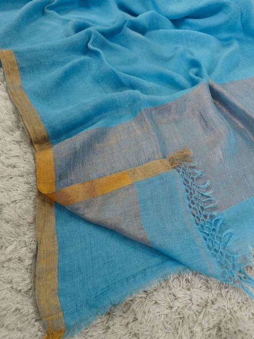 Indiehaat | Pure Linen Handloom Zari Border Saree Blue