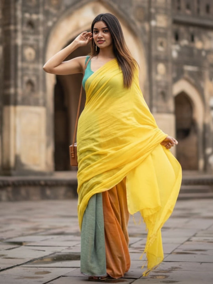 Indiehaat | Pure Khadi Cotton Handloom Saree Multicolor