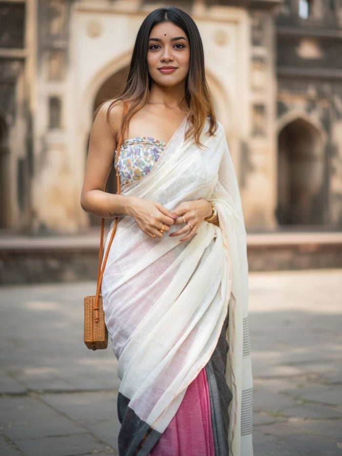 Indiehaat | Pure Khadi Cotton Handloom Saree Multicolor