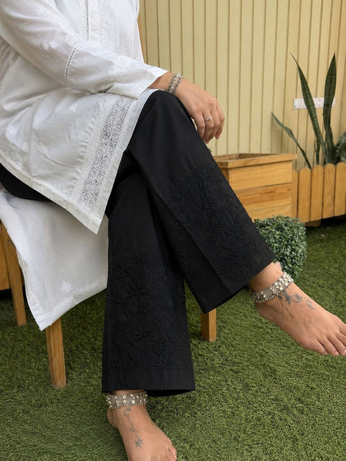 Indiehaat | Pure Cotton Chikankari Stretchable Pants Black