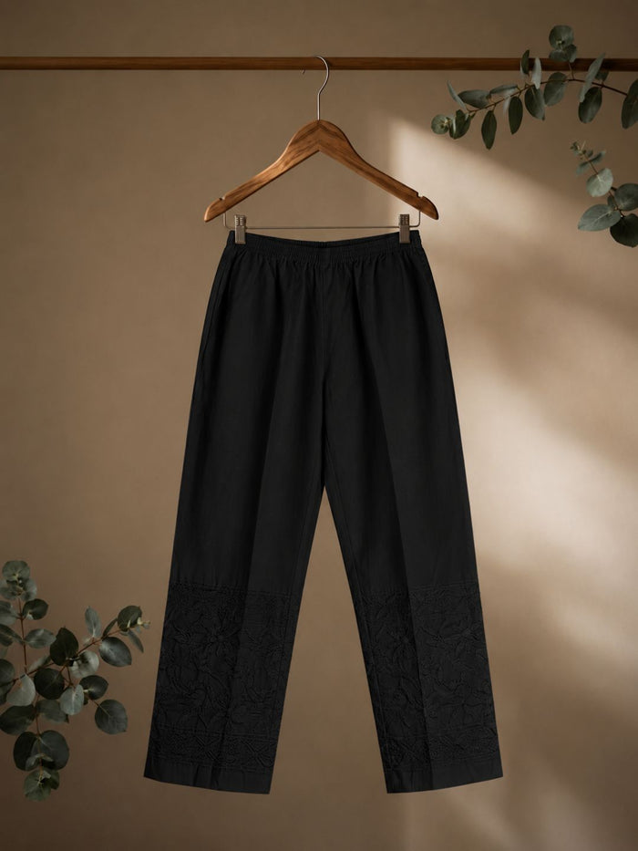 Indiehaat | Pure Cotton Chikankari Stretchable Pants Black