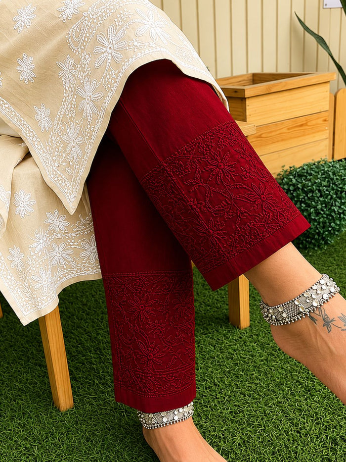 Indiehaat | Pure Cotton Chikankari Stretchable Pants Maroon