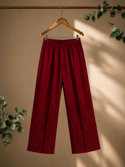 Indiehaat | Pure Cotton Chikankari Stretchable Pants Maroon