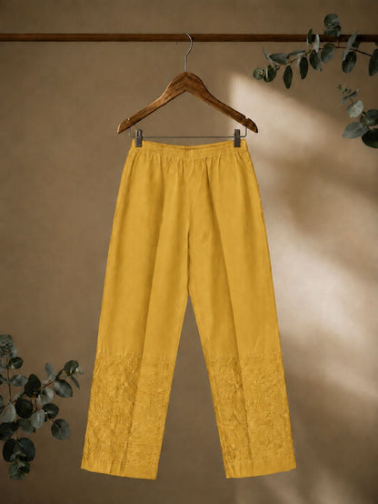 Indiehaat | Pure Cotton Chikankari Stretchable Pants Yellow