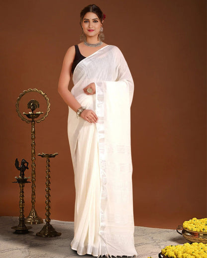 Indiehaat | Linen Hand Dyed Strped Pallu Saree White