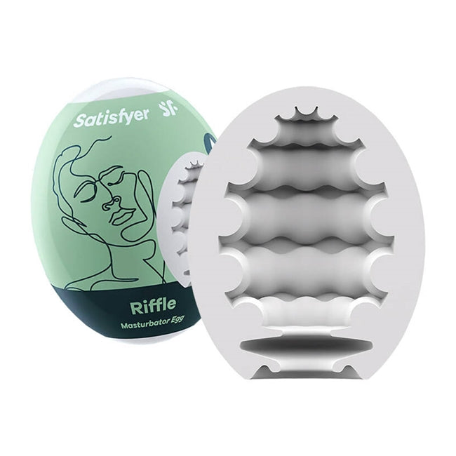 Ou masturbator SATISFYER Riffle Egg, de unică folosință, interior texturat, material flexibil TPE (verde)