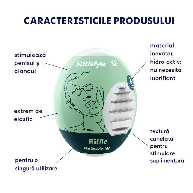 Ou masturbator SATISFYER Riffle Egg, de unică folosință, interior texturat, material flexibil TPE (verde)