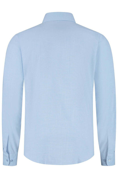 Overhemd bamboe pied-de-poule lichtblauw, achterkant van het lichtblauwe shirt met lange mouwen.