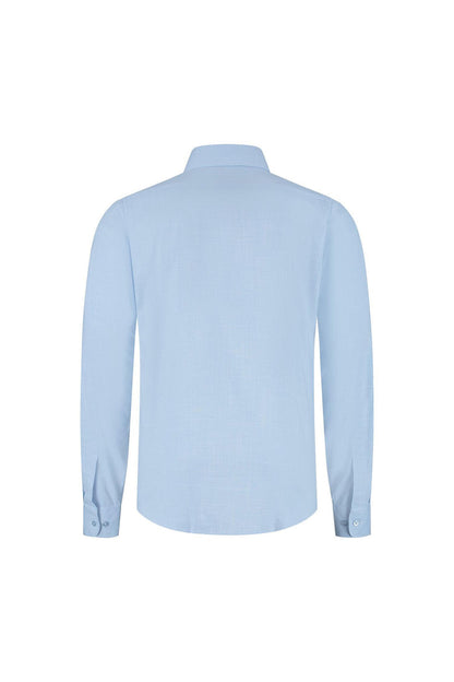 Overhemd bamboe pied-de-poule lichtblauw, achterkant van het shirt in lichtblauw pied-de-poule patroon.