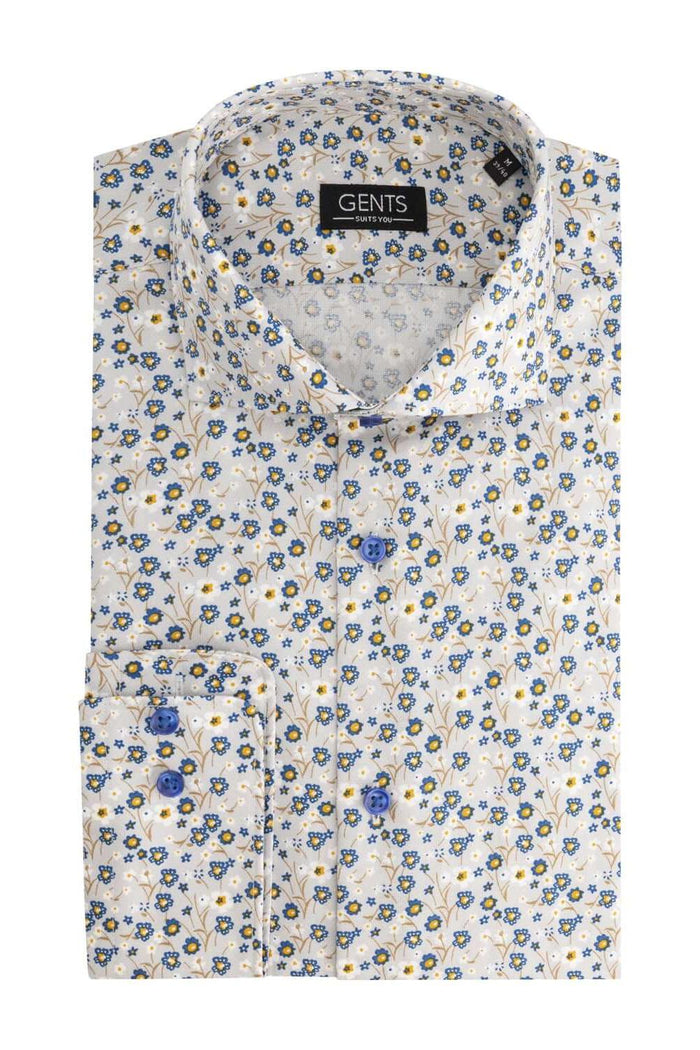 Overhemd bloemetjes print beige-blauw, katoenen overhemd met non-iron bloemprint in beige en blauw.