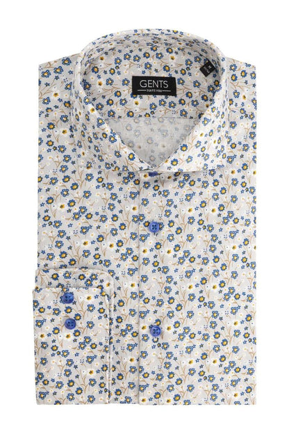 Overhemd bloemetjes print beige-blauw, katoenen overhemd met non-iron bloemprint in beige en blauw.