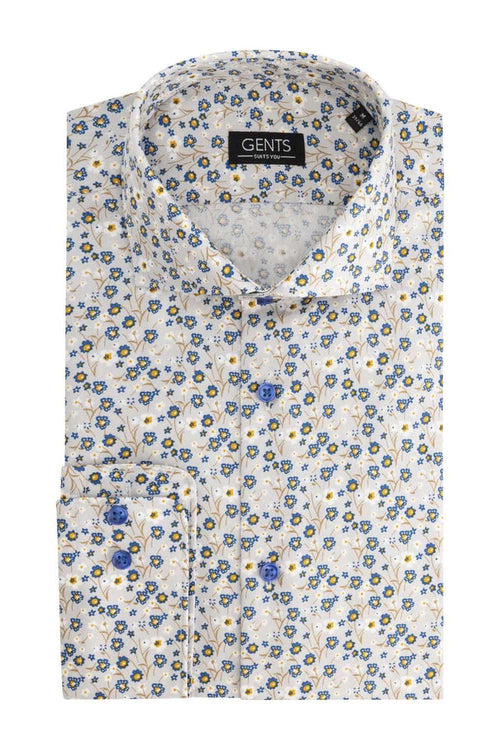 Overhemd bloemetjes print beige-blauw, katoenen overhemd met non-iron bloemprint in beige en blauw.