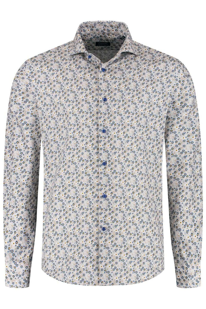 Overhemd bloemetjes print beige-blauw met kleurrijke bloemprint, non-iron en van katoen.