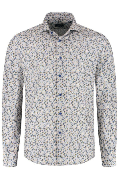 Overhemd bloemetjes print beige-blauw met kleurrijke bloemprint, non-iron en van katoen.