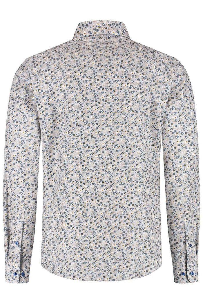 Overhemd bloemetjes print beige-blauw, katoenen overhemd met bloemprint, non-iron, achterkant zichtbaar.