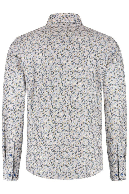 Overhemd bloemetjes print beige-blauw, katoenen overhemd met bloemprint, non-iron, achterkant zichtbaar.