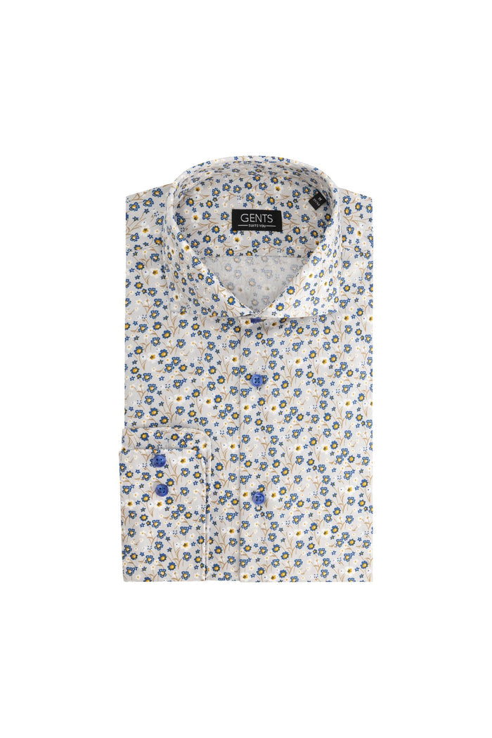 Overhemd bloemetjes print beige-blauw, katoenen met bloemprint en non-iron afwerking.