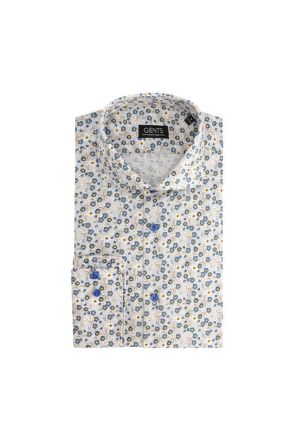 Overhemd bloemetjes print beige-blauw, katoenen met bloemprint en non-iron afwerking.