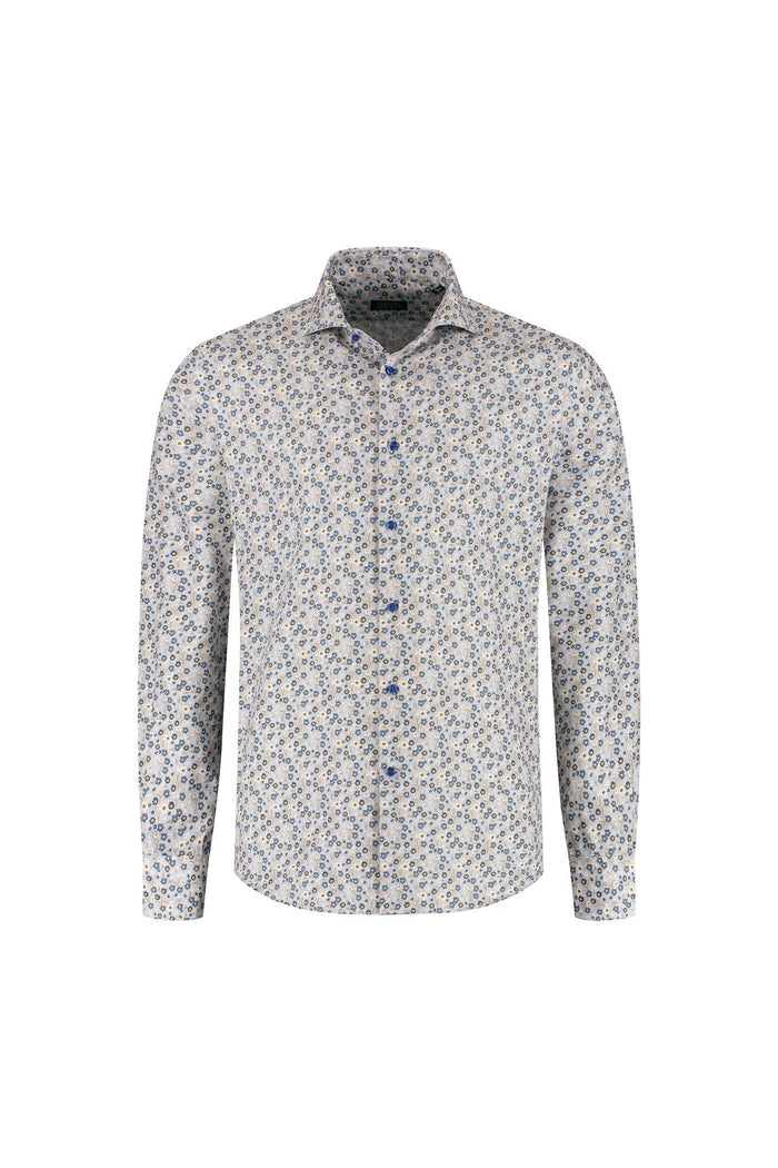 Overhemd bloemetjes print beige-blauw, katoenen shirt met bloemprint, non-iron, stijlvolle bloemenmotieven.