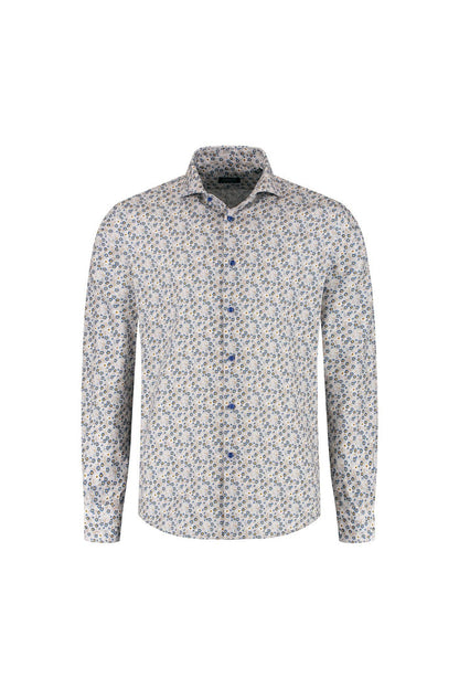 Overhemd bloemetjes print beige-blauw, katoenen shirt met bloemprint, non-iron, stijlvolle bloemenmotieven.