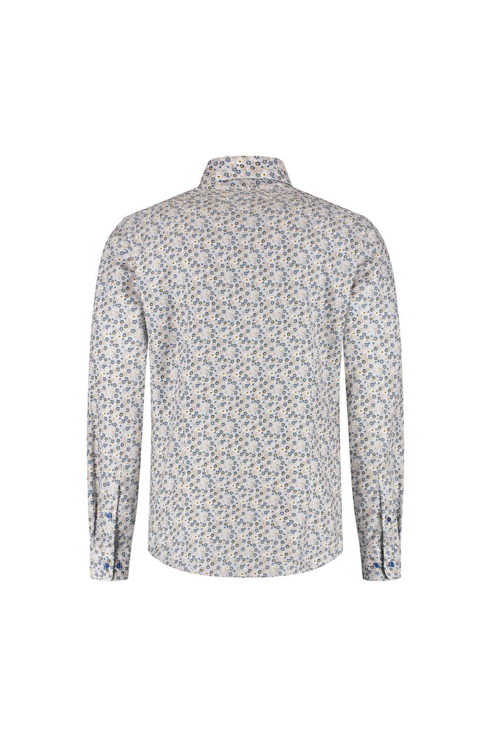 Overhemd bloemetjes print beige-blauw, katoen, non-iron, achterzijde met bloemprint.