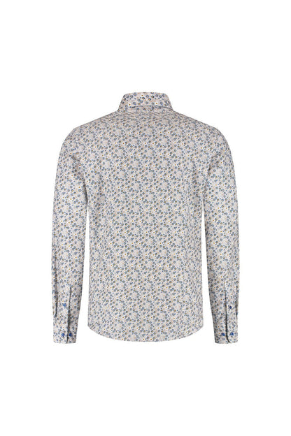 Overhemd bloemetjes print beige-blauw, katoen, non-iron, achterzijde met bloemprint.