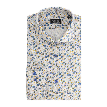 Overhemd bloemetjes print beige-blauw