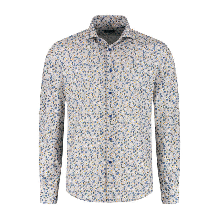 Overhemd bloemetjes print beige-blauw