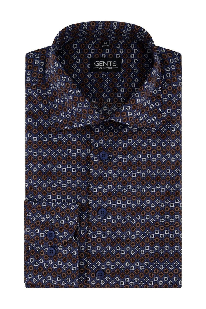 Overhemd bloempatroon blauw, katoenen shirt met blauw bloemendessin, modern formele uitstraling voor heren.