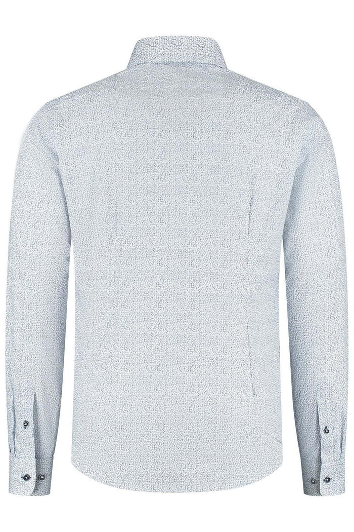 Overhemd Bloemprint blauw-wit, achteraanzicht van katoen met blauw-witte bloemprint, comfortabel en stijlvol.