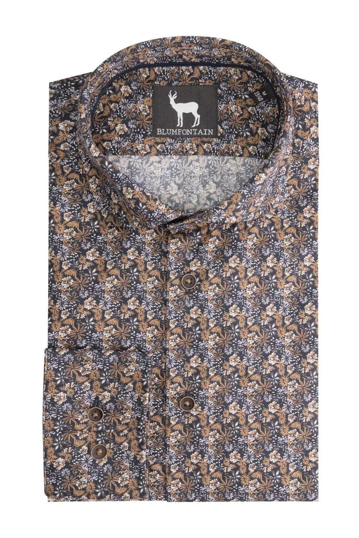 Overhemd Blumfontain bloemprint navy-bruin, ademend katoenen overhemd met bloemprint in navy en bruin.