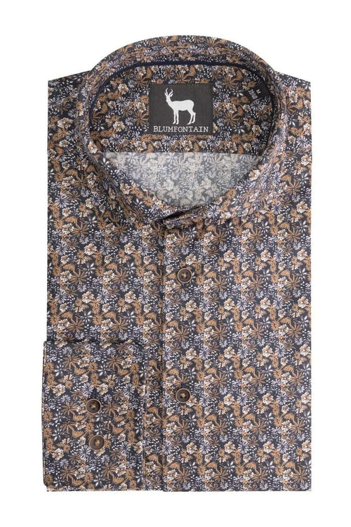 Overhemd Blumfontain bloemprint navy-bruin, ademend katoenen overhemd met bloemprint in navy en bruin.