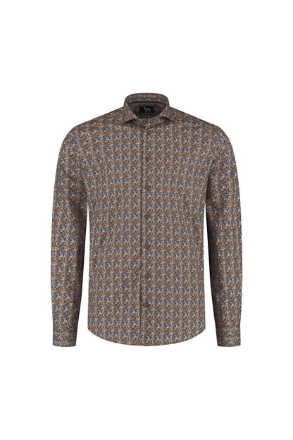 Overhemd Blumfontain bloemprint navy-bruin, katoenen shirt met ademende bloemprint in navy en bruin.